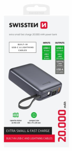 SWISSTEN POWER BANK SPACE 20000 mAh WITH BUILT-IN CABLES USB-C AND LIGHTNING SILVER